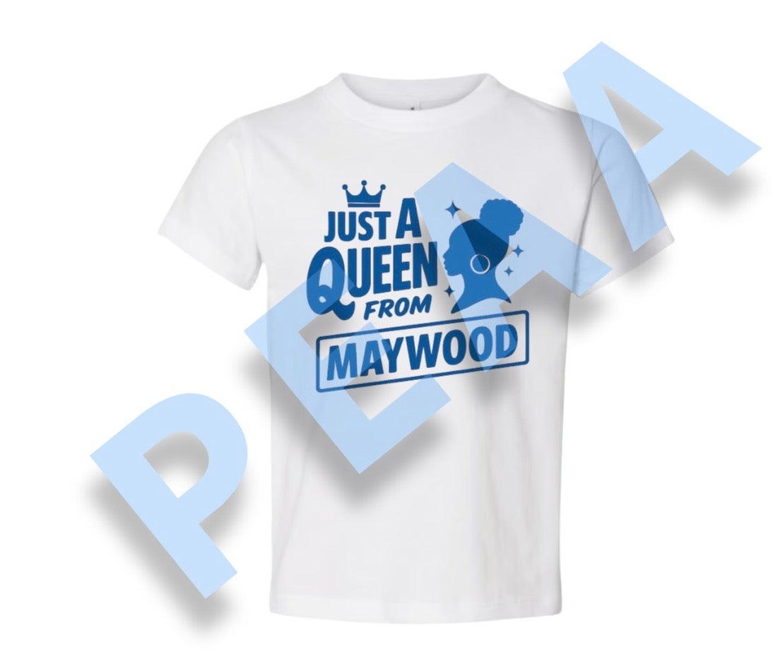 White shirt with blue Queen logo